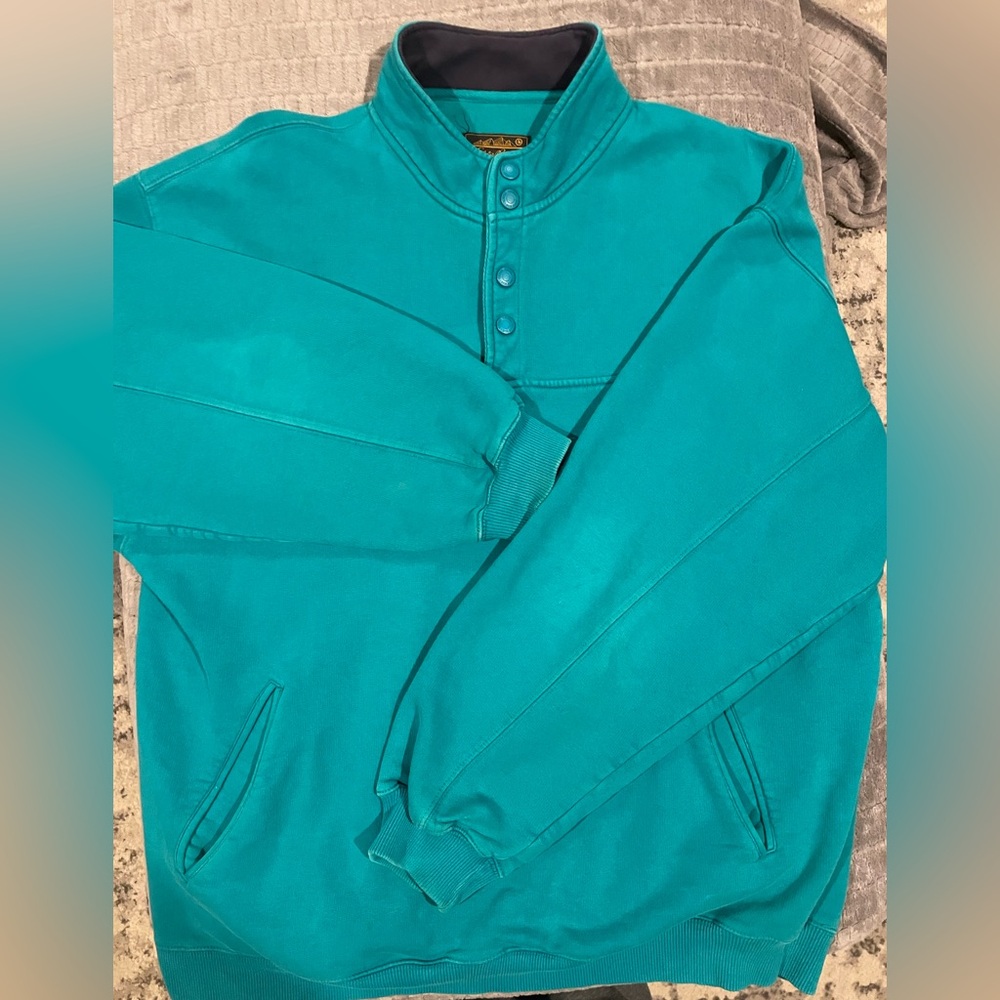 Vintage 90s Eddie Bauer Turquoise Cotton Blend Snap Button Neck Sweatshirt Large